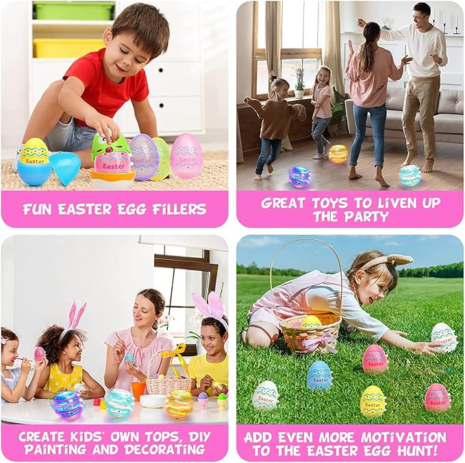 Easter Eggs Toys for Kids, 6 Pack Spinning Top Easter Eggs with Lighting & Music, Fun Easter Basket Fillers, Party Favor Gift for Boys & Girls Ages 3-6