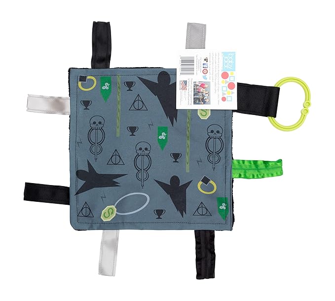 Baby Sensory Crinkle & Teething Square Lovey Toy with Closed Ribbon Tags for Increased Stimulation: 8"X8" (Dark Magic)