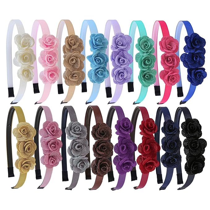 XIMA 16pcs Small Rose Flower Headbands for Girls Toddlers Kids Teens Children and Women,Girls Hair Bands Made of 3pcs Fabric Rose Flower for Hair Accessories