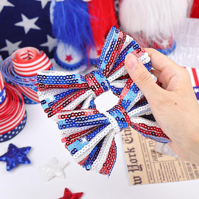 4th of July Bow Hair Clips for Girls Glitter Hair Accessories 5” Big Bows Hairpin Baby Barrettes Sequins Cheer Bows Red Blue Stripes 2 Pcs