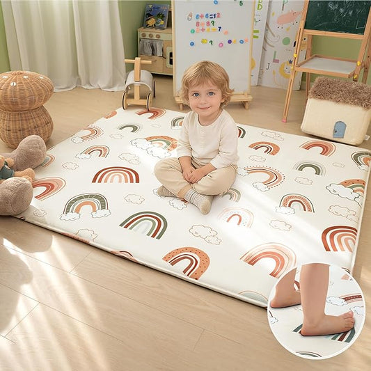 1.5" Thick Premium Baby Floor Play Mat, 71x59 Over-Sized Padded Memory Foam Mat, Tummy Time Crawling Playmat for Nursery Playroom Classroom, Rainbow