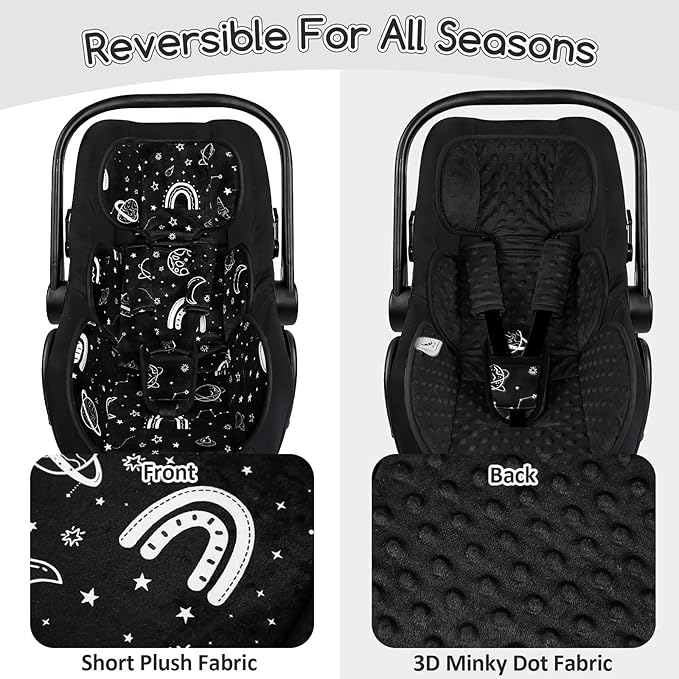 Infant Car Seat Insert with 3 Straps Covers, Ultra-Thick Baby Car Seat Head Support for Side Impact Protection, Minky Dot Baby Car Seat Cushion, Universal Black Carseat Head Support for Newborn