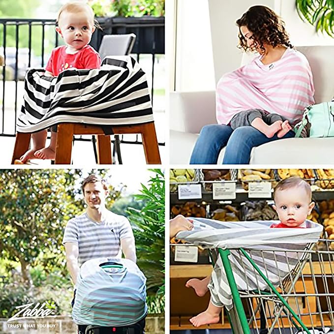 Cool Beans Stretchy Baby Car Seat Canopy and Nursing Cover | Multiuse - Soft and Stretchy Fabric Easily Covers Carseat, High Chairs, Shopping Carts | Bonus Infant Baby Beanie and Bag (Blue and Grey)