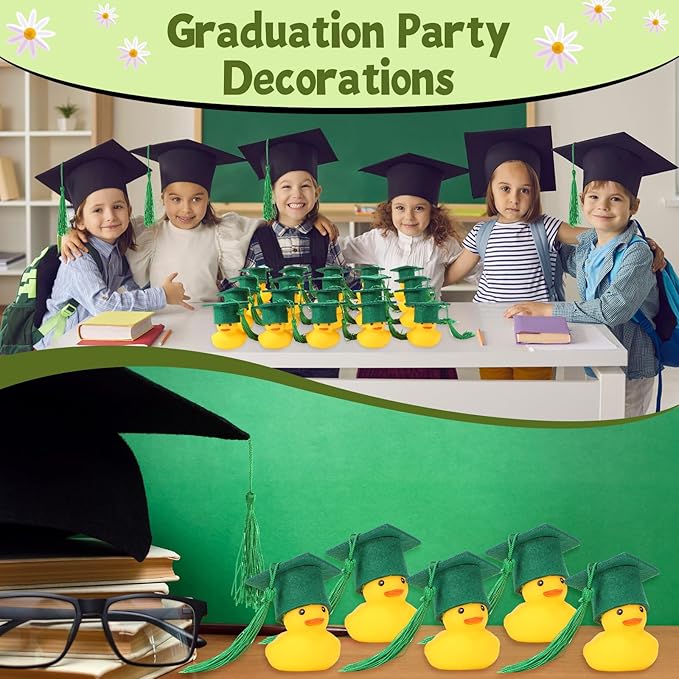 Jerify 48 Pcs Graduation Rubber Ducks with Grad Cap 2026 Diploma Grad Rubber Duck Graduation Party Bath Pool with Storage Bag for Student Gifts Party Favor(Green)