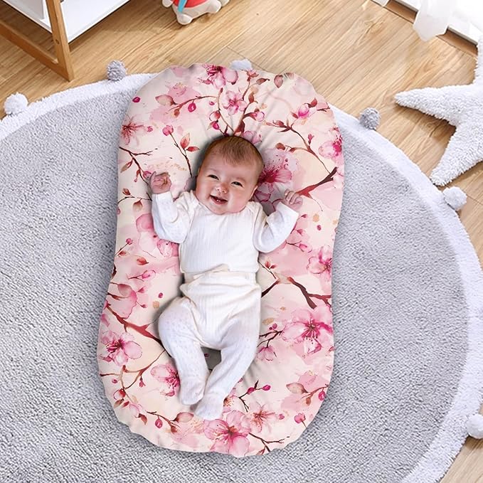 Cherry Blooms Baby Lounger Cover for Girls Pink Newborn Lounger Cover Removable Nest Slipcover Soft Comfortable 31.5'' x 21.3'' Snuggle Me Covers