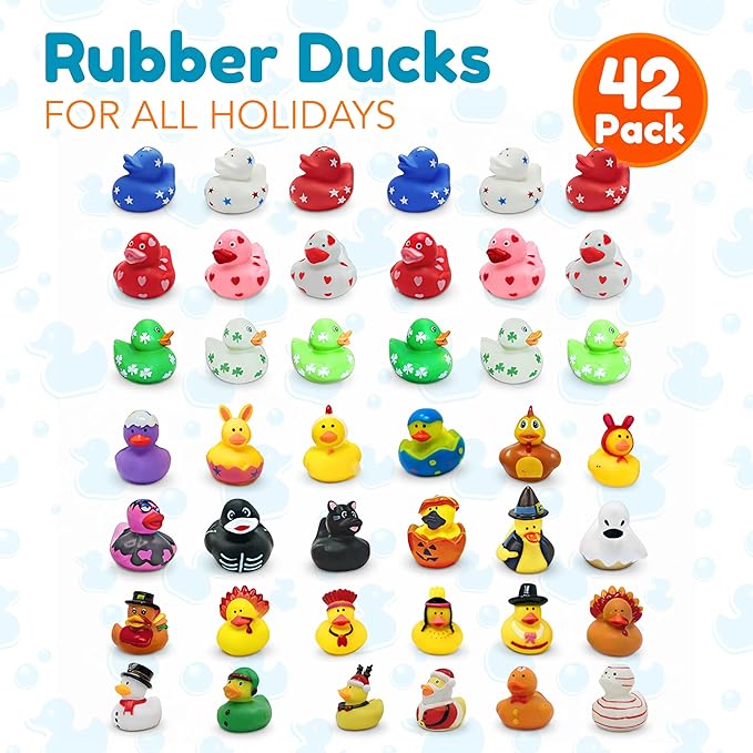 4E's Novelty Rubber Ducks for All Holidays, Bulk Pack of 42 - Includes 6 of Each Holiday, St Patricks Day Duckies, Easter, July 4 Ducks, Bath Toys for Kids, Gift for Jeep Owners, Jeep Ducking