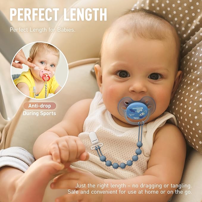 Cuddle Campus Silicone Pacifier Clip Holder with One Piece Design, Pack of 5 Soft Flexible Binky Clips for Baby Boy and Girl Set 1((3M+ Plastic Clip)