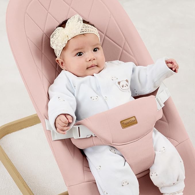 Foldable Baby Bouncer, Baby Bouncer Seat with 3 Adjustable Heights, Portable Newborn Rocker, Ergonomic Bouncer Seat for Natural Bounce, Bouncer for Babies 0-6 Months, Soft Cotton (Pink)