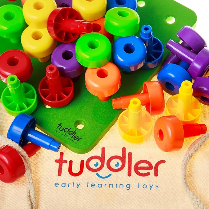 Toddler Peg Board Sensory Montessori Fine Motor Skills Educational Toys - 30 Stackable Pegs + Pattern Card + Drawstring Backpack + E-Book