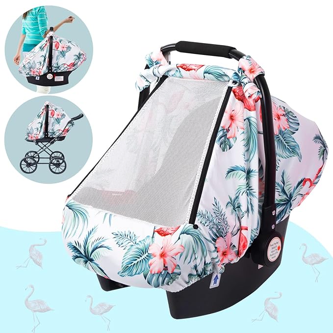 SMTTW Car Seat Cover for Babies, Stretchy Breathable Carseat Canopy, Multiuse Infant Stoller Cover for Baby Boys Girls, Privacy Breastfeeding Coverage Protect Baby from Wind, Sun (Red Cowned Crane)