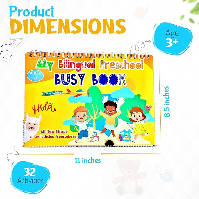 Busy Book for Toddlers 3 and Up – Preschool Learning Activities Bilingual Book in Spanish and English with 32 Activities – Educational Toddler Activity Book with 8 Color Markers