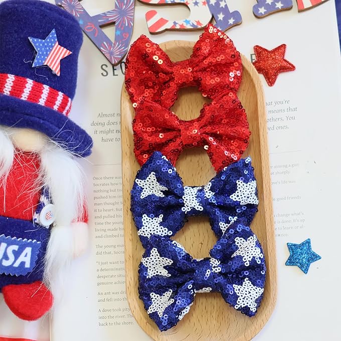 Red Sequin Hair Bows for Girls Blue Star Sparkly Alligator Clips 4th of July Glitter Hair Accessories for Little Teen Toddler Girls Kids Gift