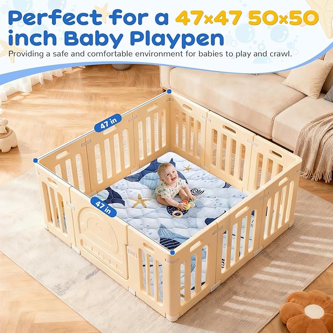 omzer Baby Play Mat, 47x47 Inch Removable & Machine Washable Cover for Easy Clean, 1.2" Thick Elasti-Foam Playpen Mat for Infants Toddlers, Non-Slip Floor Cushion for Safe Crawling - Blue