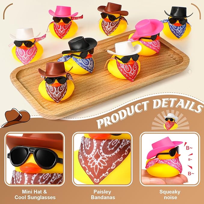 Sosation 36 Set Cowboy Rubber Duck Mini Yellow Duckies Bath Toy Tiny Ducks Bathtub Toy with Cowboy Hat Paisley Bandanas Sunglasses Dashboard Decor for Summer Baby Shower Birthday Party(Cute Style)