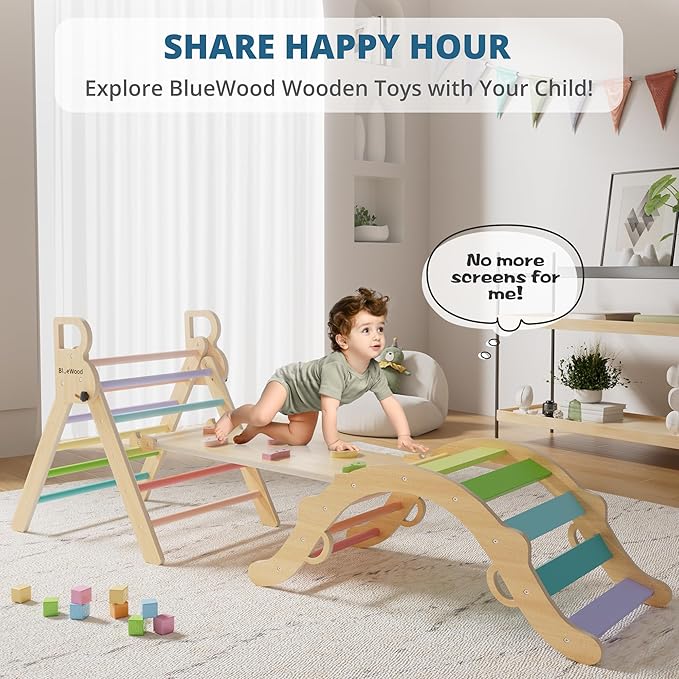 BlueWood Pikler Triangle Set, Toddler Wooden Climbing Toys Indoor 7in1 Foldable Climber for Kids, Montessori Philosophy Play Jungle Gym with Arch, Ramp, Ladder (Colorful Spring)