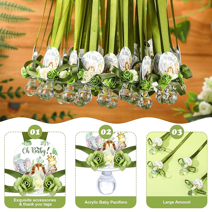 Quelay 36 Pcs Baby Shower Pacifier Necklace Cute Jungle Animal Acrylic Baby Pacifiers with Delicate Flowers for Baby Shower Decoration Table Distribution Party Favors