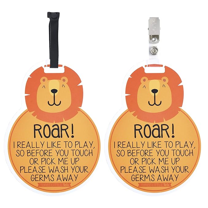 (Three Little Tots) Lion Tags TWO PACK- Baby Safety No Touching Car Seat Sign, Stroller Sign, Newborn Car Seat Tag, Baby Preemie No Touching Car Seat Sign- CPSIA Safety Tested (Lion)