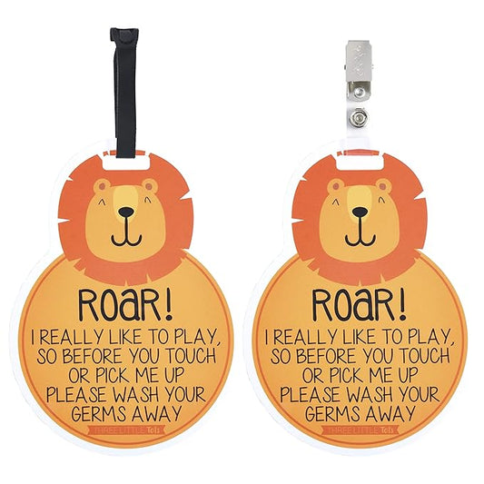 (Three Little Tots) Lion Tags TWO PACK- Baby Safety No Touching Car Seat Sign, Stroller Sign, Newborn Car Seat Tag, Baby Preemie No Touching Car Seat Sign- CPSIA Safety Tested (Lion)