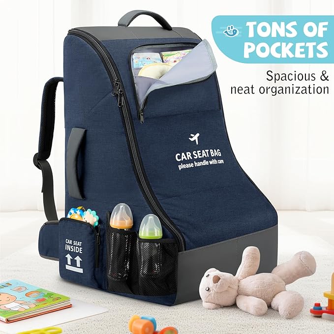 RAINSMORE Car Seat Travel Bag for Airplane Padded Carseat Backpack Heavy-duty Car Seat Cover for Air Travel Infant Car Seat Carrier Bag with Shoulder & Waist Strap, Fits Most Car Seat & Booster Seats