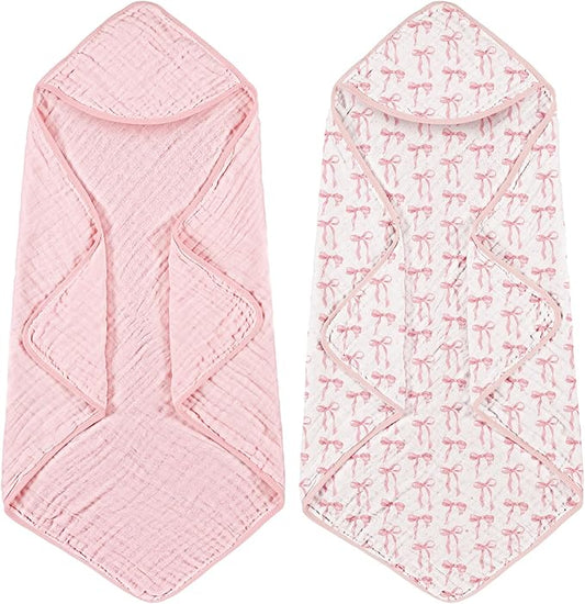 Hahafelt 2 Pcs Pink Bow Baby Hooded Towels for Newborn 100% Muslin Cotton Baby Bath Towel with Hood for Babies Infant Toddler and Kids Large 32x32inch Soft Absorbent Kids Essential Gift
