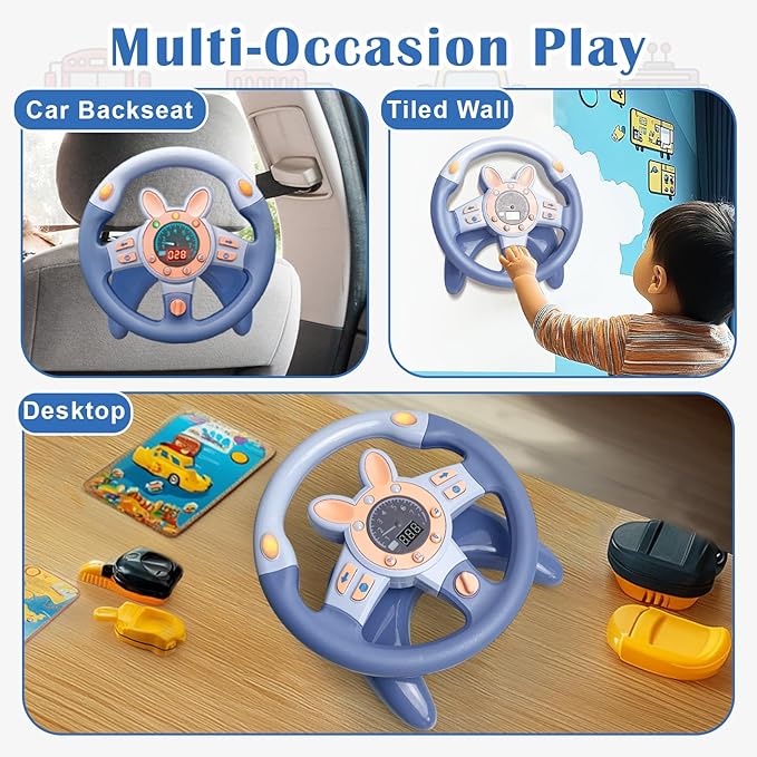 Kids Steering Wheel Toy for Car Backseat with Vibration & Adjustable Sound, Realistic Driving Simulator Toy for Toddlers 1-3, Educational Toddler Gifts