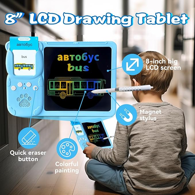 Talking English & Russian Flash Cards - 8" LCD Writing Tablet for Kids 3-12, Bilingual 510 Sight Words, Toddler Pocket Speech, Drawing Sketch Pad, Autism Toys for Boy (Russian - Blue)