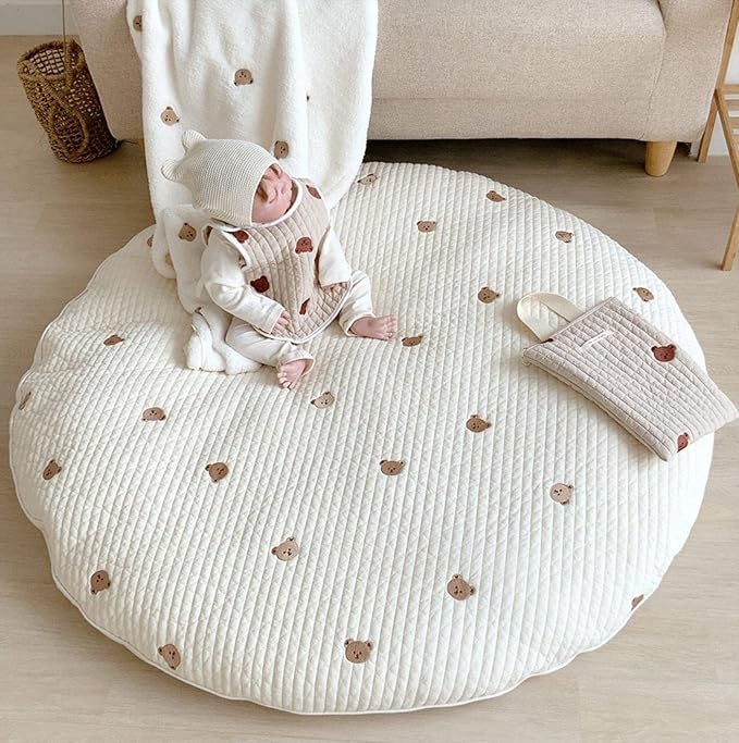 Baby White Bear Embroidered Play Mat, 33.5" Cotton Crawling Mat, Detachable Washable Floor Rug Soft Kids Room Decor Gym Nursery Area Rug Playroom Carpet for Infant Toddler