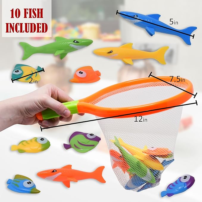 Toy Fishing Net for Bath | Bath Toys for Kids – Dive Game Small Sinking Fish, 4 Sharks & 6 Fish Multicolored