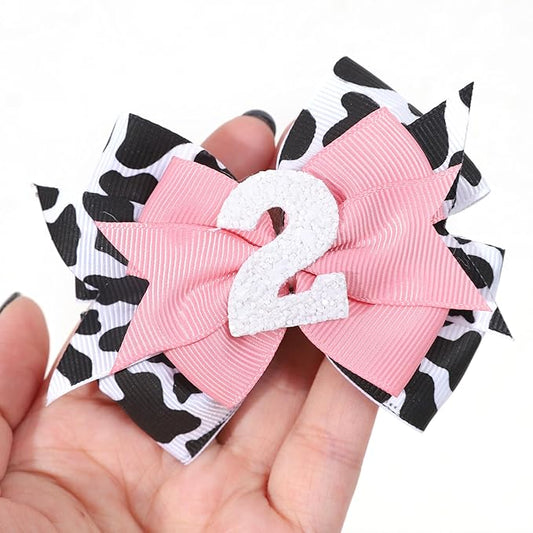 Cow Print Bow Headband - Pink, Baby Girl 2nd Birthday Party Decorations, Farm Animal Themed Headband