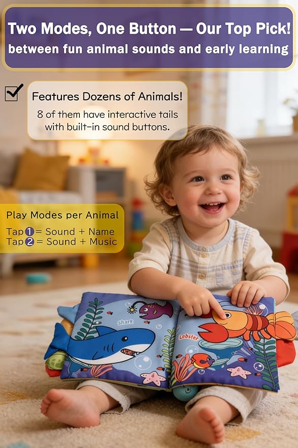 Cloth Books for Babies 0-6-12 Months, Interactive Soft Sensory Toy with Lights, Sounds & Music, Bite-Proof Educational for Newborns, Infants & Toddlers 0-3 Years (Ocean Animals)