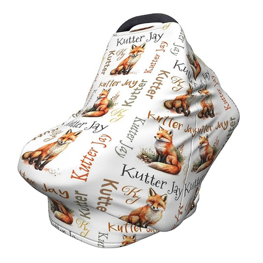 Personalized Fox Baby Car Seat Cover with Name,Multi-Use Canopy for Nursing, Strollers,Shopping Carts,Customized Breastfeeding Cover, Full Privacy,Infant Stroller Cover