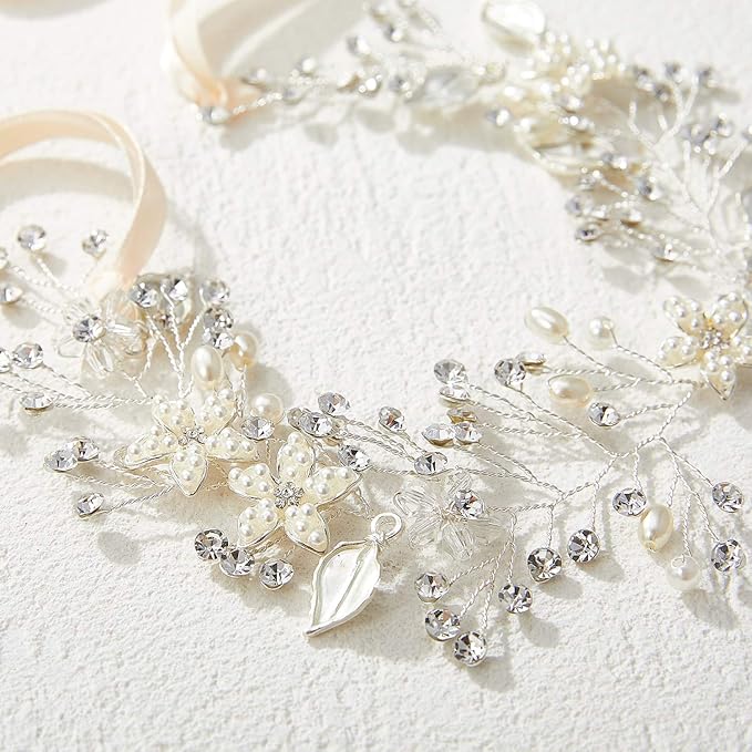 SWEETV Flower Girl Headpiece Silver Princess Wedding Headband -Baby Girls Flower Pearl Hair Accessories for Birthday Party, Photography