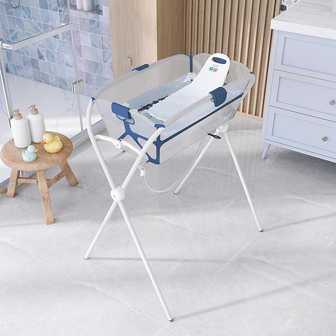 Evolur Supple Baby Spa Set with Infant Bathtub, Hammock Support Seat & Metal Frame, Newborn Tub for 0–12 Months, Complete Baby Care Essentials Gift Set for New Parents, Navy Blue