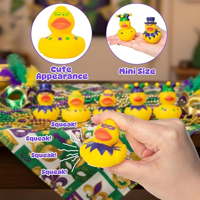 Haooryx Mardi Gras Rubber Duck Toy -30Pcs Novelty Squeeze Yellow Duck Bulk Assorted Cute Duckies Bath Toy Bathtub Decoration for Baby Shower Birthday Gift Carnival Party Favor Goodie Bag Filler Supply
