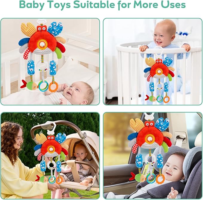 Crab Wind Chime Baby Car Seat Toy - Plush Stroller & Crib Hanging Toy with Teether, Squeaker, Portable Clip, Colorful Clear Rings for Sensory & Cognitive Development Hanging Toys