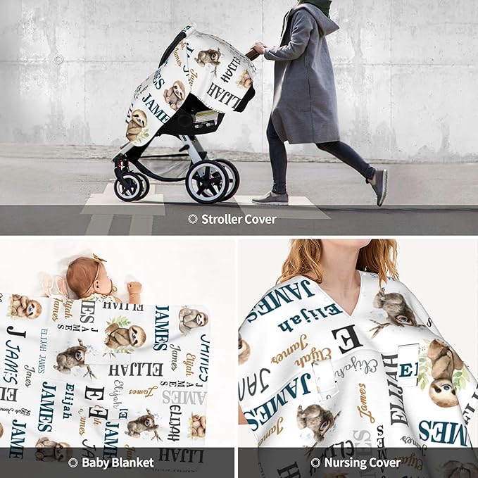 Personalized Winter Baby Car Seat Cover with Name Sloth Winter Car Seat Cover for Baby Seat or Stroller Custom Infant Car Seat Covers Minky Blankets Nursing Cover Breastfeeding Scarf