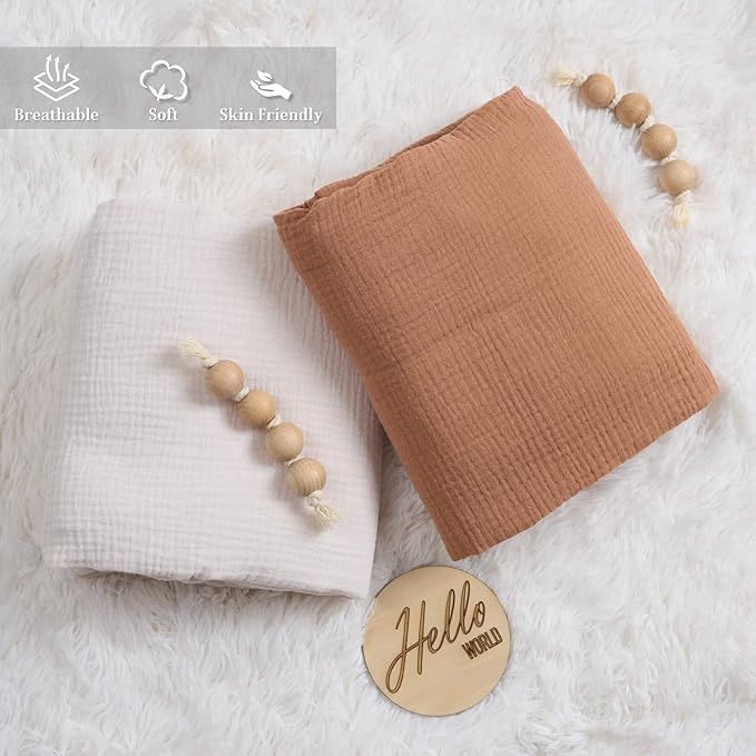 Meracorallo Muslin Mini Crib Sheet, Pack n Play Fitted Sheet, Soft and Breathable Pack and Play Playard Mattress Sheet for Baby Boys and Girls (Camel)
