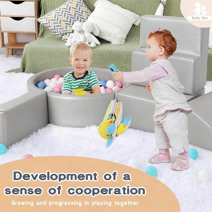Hoohtoot Foam Climbing Blocks for Toddler: with 4-Piece PU Leather Climbing Toys and a Ball Pit - Foam Ball Pit for Toddlers - Climbing Toys Indoor for Kids Crawling