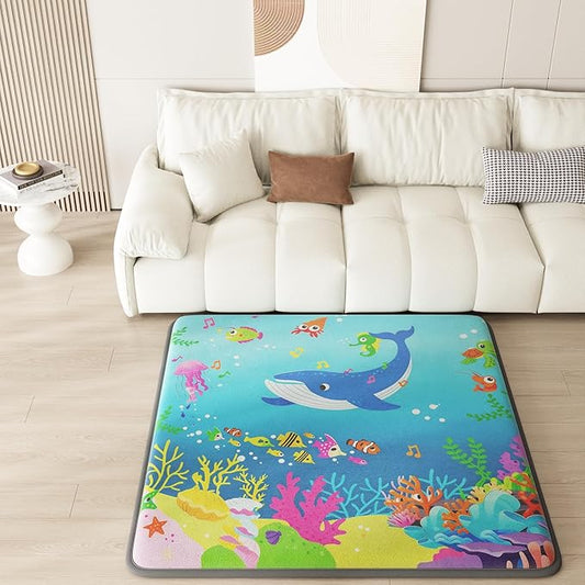 1.3" Thick Baby Play Mat for Floor, Elasti-Foam 50x50 Playpen Mat, Water Repellent Ultra Soft Coral Velvet Tummy Time Crawling Mats for Kid Toddlers Infants, Non-Slip Backing Safe for Crawling Ocean
