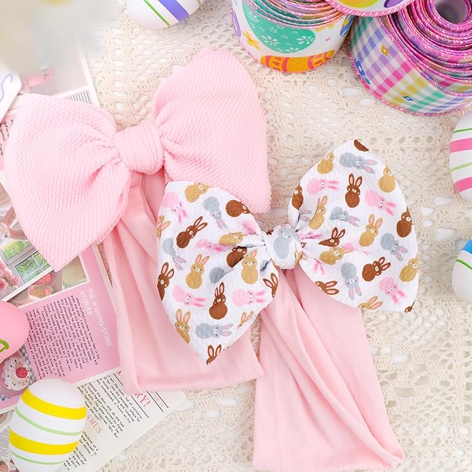 6” Easter Baby Hair Bows Easter Bunny Ears Bows for Girls Newborn Chocolate Rabbit Ears Hairbands Nylon Bows Headbands Easter Hair Accessories Pink