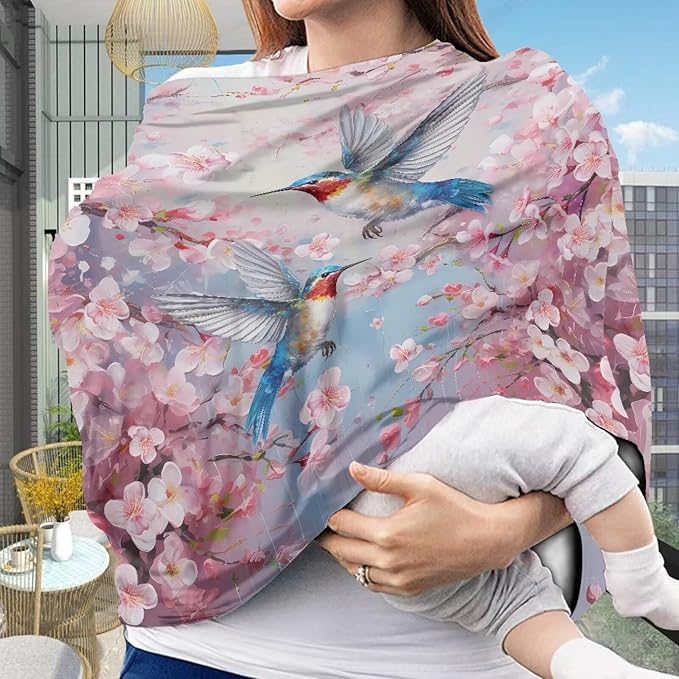 Binienty Hummingbird Cherry Blossom Baby Carseat Canopies and Nursing Covers for Car, Breathable Babies Infants Stroller Cover, Sun Protection