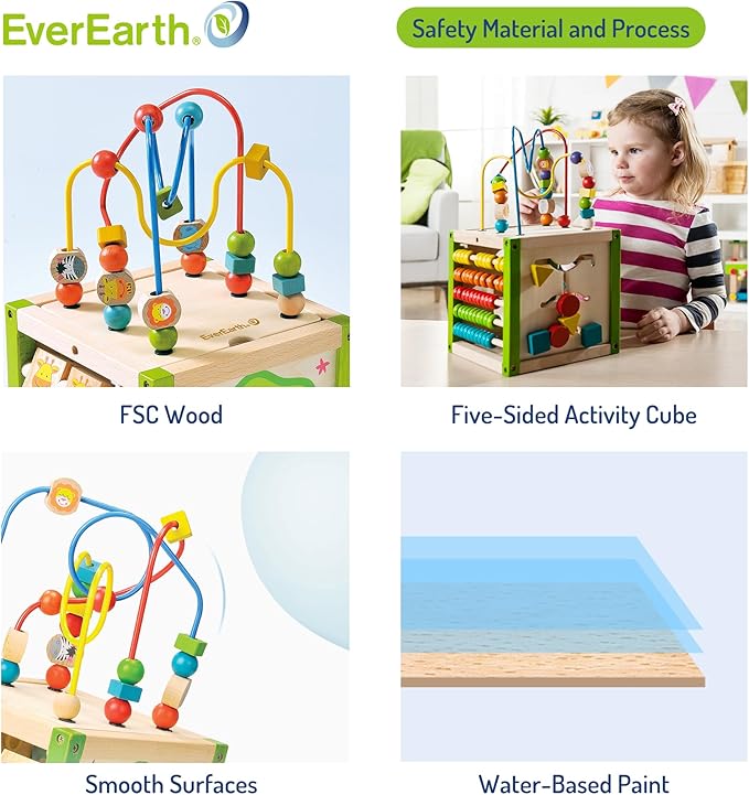 EverEarth Wooden Activity Cube with Bead Maze, 5 in 1 Activity Center, Educational Learning Montessori Toys for Toddlers for Kids 1+, FSC Certified
