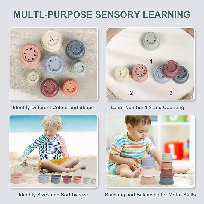 Baby Stacking Cups, Montessori Bath Toy for Toddlers 1-3, 8PCS Stackable Cups with Number Nesting Cups for Babies 6-12 Months, Early Educational Bath Outdoor Sensory Gift for 2-4 Years Old Boys Girls