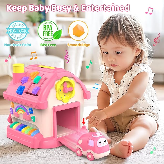 Toddler Toys for 1 Year Old Girl Gifts, 12-in-1 Montessori Musical House Toddler Learning Toys for 1-2, 1st First Birthday Gifts Baby Girl Boy Gift Toys 6-12 12-18 Months, Pink