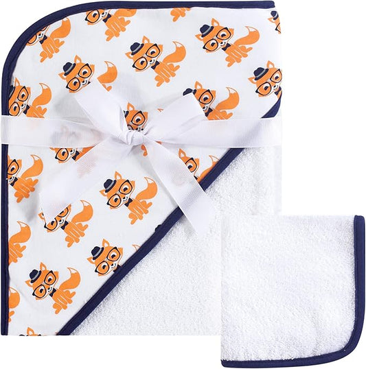 Hudson Baby Unisex Baby Cotton Hooded Towel and Washcloth, Nerdy Fox, One Size
