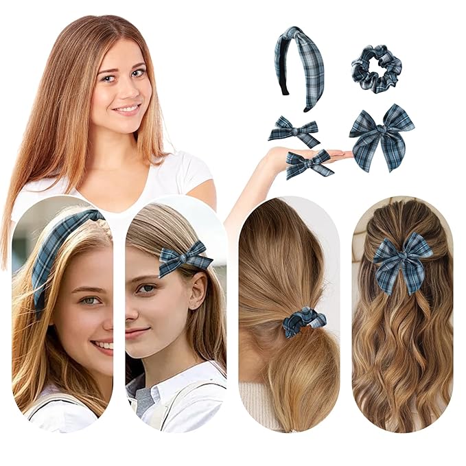 5 Pcs Striped Headband Set with Hair Knotted Scrunchies Bow, Padded Headbands for Women, Christmas Hair Bows & Clips Accessories for Girls (Blue-A)