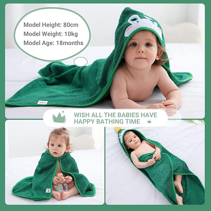 MICHLEY Bamboo Viscose Baby Hooded Bath Towel for Boys and Girls, 29.5 x 29.5 Inch Ultra-Soft and Quick-drying Infant Bath (Dinosaur)