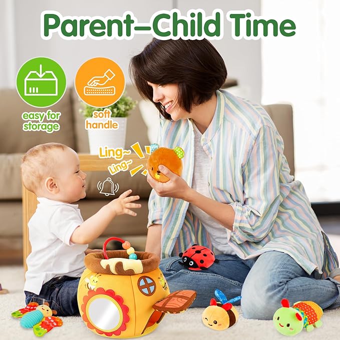 Thremhoo Baby Toys 6-12 Months - Soft Beehive with 5 Stuffed Animals, Rattle, Crinkle, Mirror, Montessori Sensory Toys for Babies 6 7 8 9 10 Months Old Baby Boy Girl Shower Gifts Ages 0-2