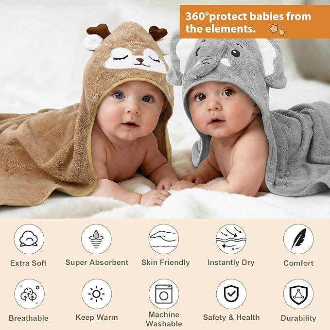 CandyHome 9 PCS Baby Bath Towels for Infants Toddlers, 3 PCS Animal Hooded Baby Towels & 6 PCS Washcloths Set, Ultra Absorbent Soft Cute Newborn Bath Essentials Gifts for Boys & Girls