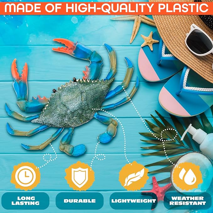 Blue Crab Toys for Kids - Realistic Plastic Crab Figure, 6.6 x 5.3 Lifelike Ocean Animal for Bath Play, Coastal Displays, Marine Life Lessons, Party Tables, Beach Themes, Shelf Styling and Home Decor